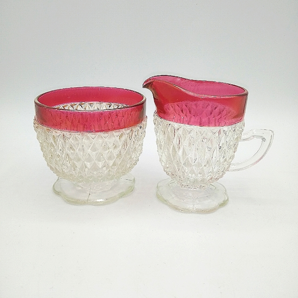 Indiana Glass Ruby Flash Diamond Point Pressed Glass Creamer Sugar Bowl Vintage - Picture 13 of 13